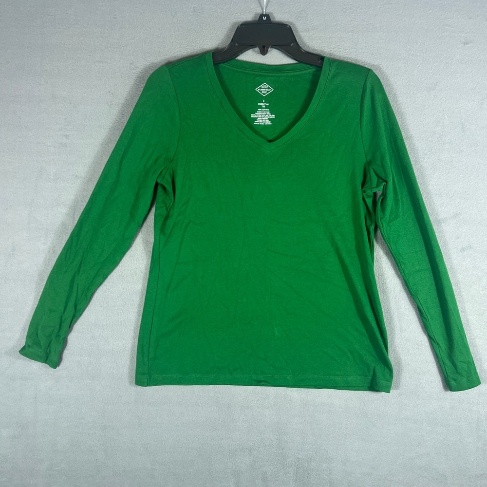 St. John's Bay Womens Essential Tee S Green Solid V-Neck Long Sleeve T-Shirt